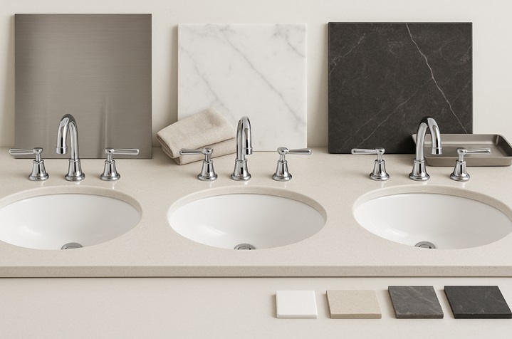 Chrome widespread bathroom faucets on residential and hospitality basins